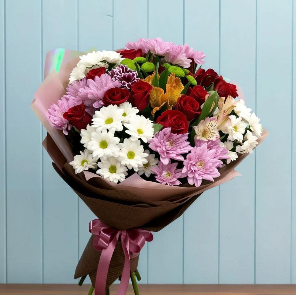 Букет цветов из: Розы, Хризантемы и Альстромерии в Яшкино