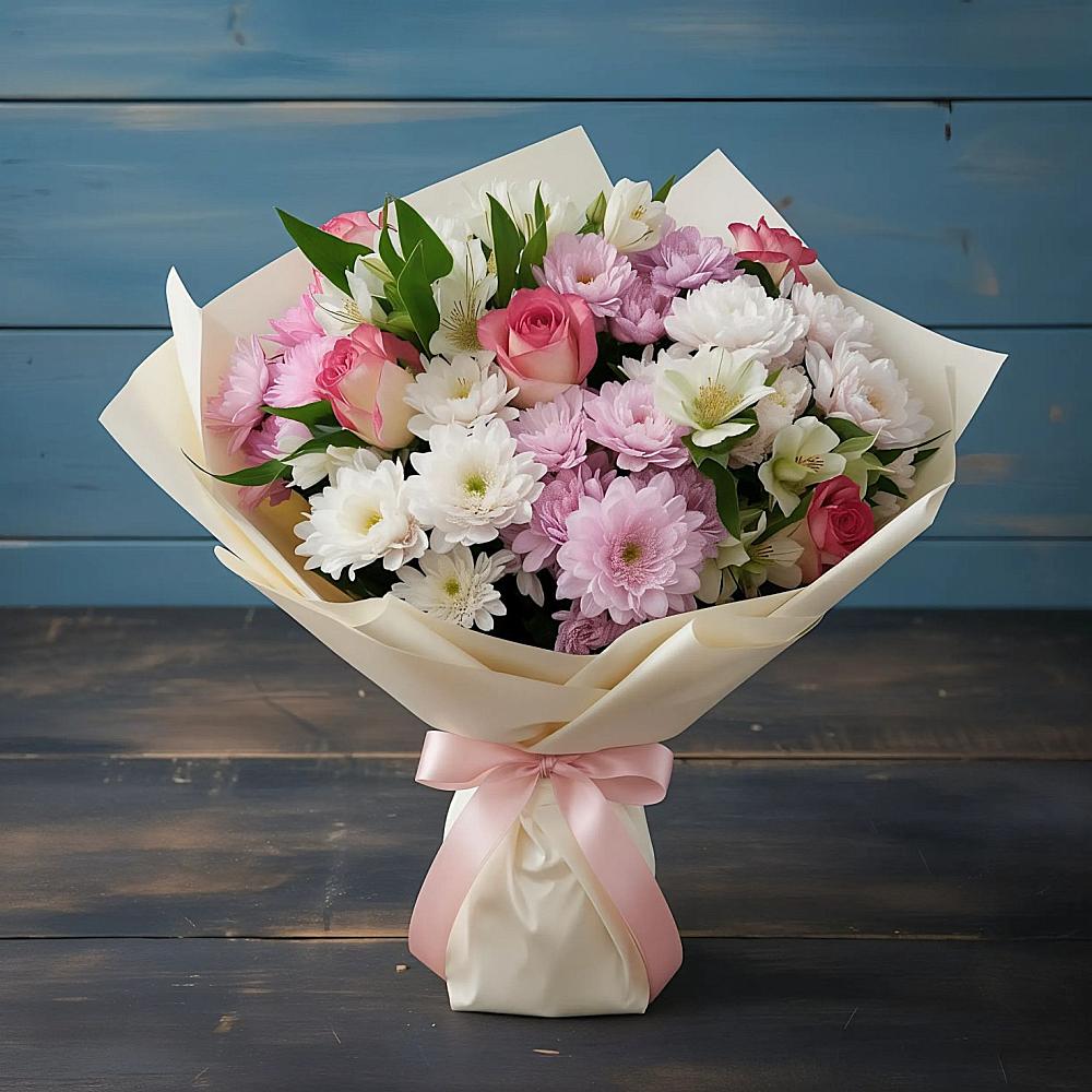 Букет цветов из: Хризантемы, Альстромерии и Розы в Яшкино